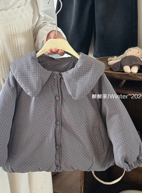 女童森系灰色小波点翻领羽绒服冬季新品韩系女宝宝保暖白鸭绒外套