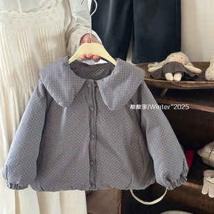 女童森系灰色小波点翻领羽绒服冬季新品韩系女宝宝保暖白鸭绒外套