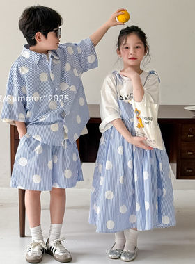 女童夏日蓝圆点小清新吊带裙
