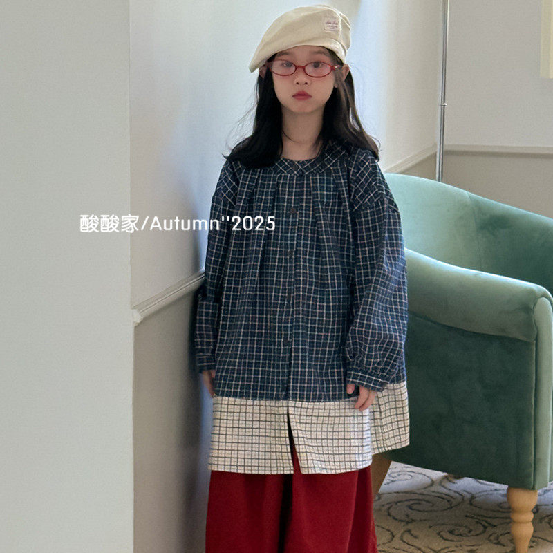 女童拼接格子长袖衬衫秋季新品韩系儿童休闲宽松上衣裙衫洋气