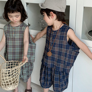 儿童复古格子棉麻套装夏季新品韩系男女宝宝森系背心灯笼裤中裤潮