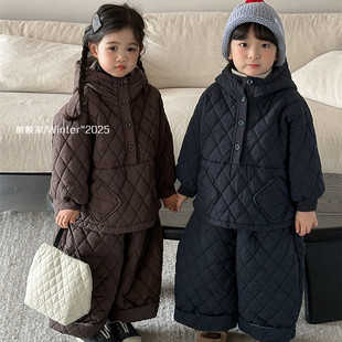 儿童绗棉连帽套头棉服棉裤两件套冬季新品男女宝宝保暖夹棉套装潮