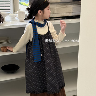 女童复古圆点吊带裙秋季新品韩系女宝宝宽松下摆拼花边无袖背心裙