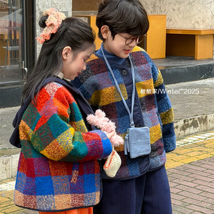 儿童复古撞色格子夹棉外套冬季新品韩系男女童百搭短款呢子上衣潮