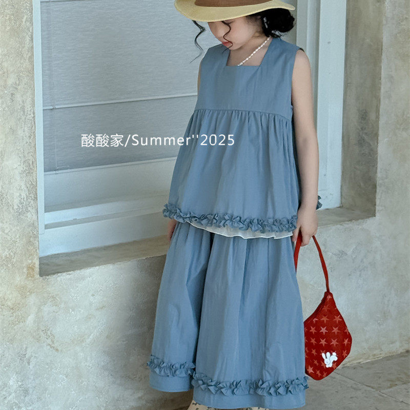 女童蓝色拼花边套装夏季新品韩系女宝宝无袖背心上衣阔腿裤两件套