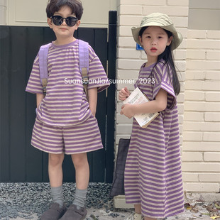 短褲 套裝 女童紫色條紋衛(wèi)衣裙長裙夏季 兄妹裝 時髦 兒童短袖 韓國童裝
