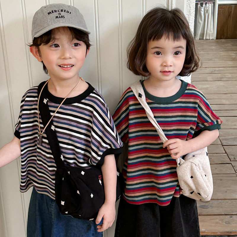 儿童彩色条纹短袖T恤夏季新品韩系男女童撞色休闲圆领宽松上衣潮,童装/婴儿装/亲子装,T恤,淘宝优惠券,粉丝福利购,淘宝优惠卷