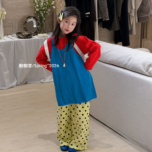 女童宝蓝色叠穿针织吊带衫背心春季新品韩系女宝宝黄色波点休闲裤