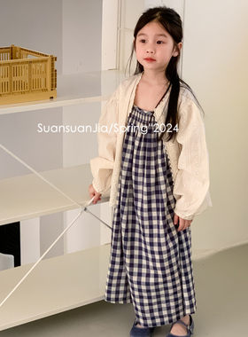 女童复古蓝白格子吊带连衣裙