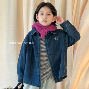儿童百搭加绒牛仔衬衫冬季新品韩系男女童卡通刺绣加厚保暖衬衣潮