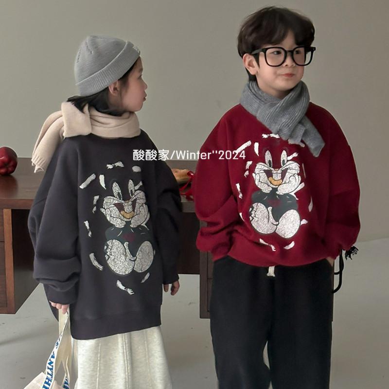 儿童韩版卡通兔子加绒卫衣冬季新品男女童圆领宽松休闲加厚上衣潮