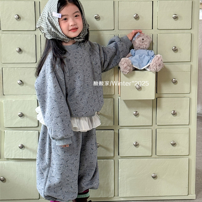 女童森系碎花加绒卫衣套装冬季新品韩系女宝宝花边卫裤休闲两件套