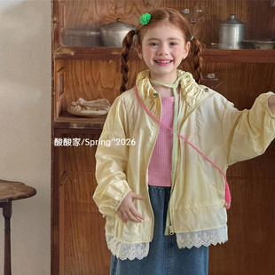 女童黄色轻薄防晒衣外套春季新品韩系女宝宝花边拉链衫夹克衫洋气