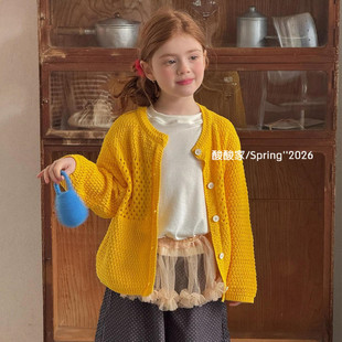 女童黄色镂空圆领毛衣开衫春季新品韩系女宝宝软糯长袖针织衫外套
