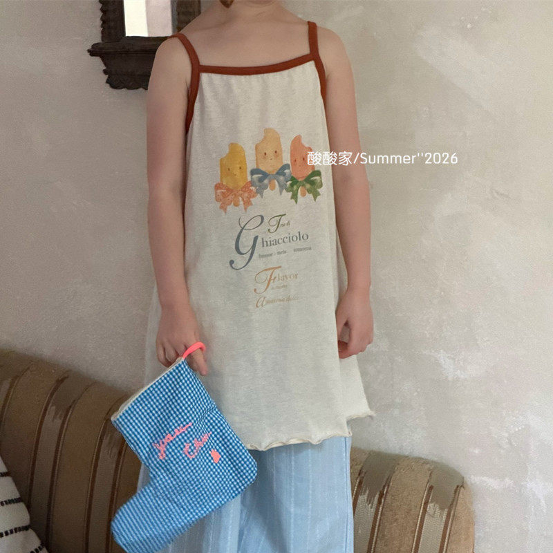 女童可爱印花吊带裙夏季新品韩系女宝宝休闲密边无袖长款T恤吊带