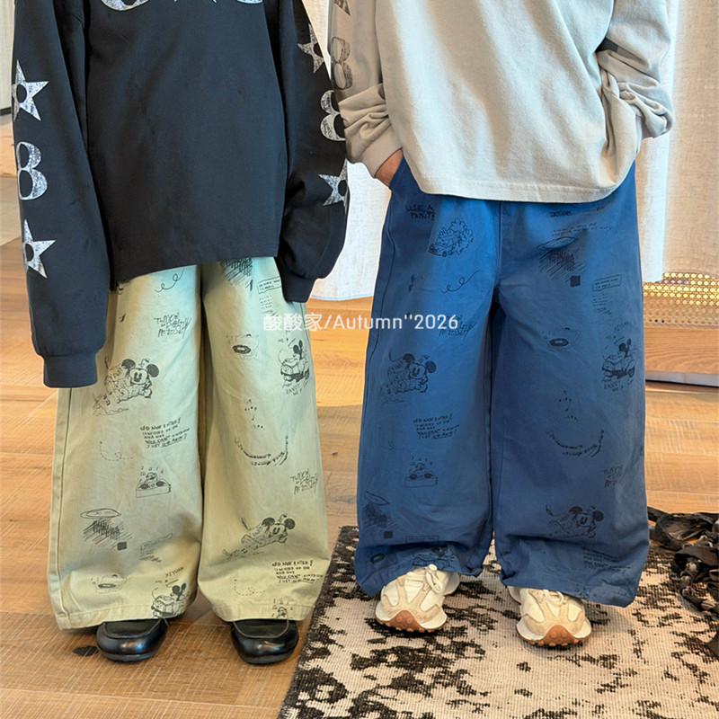 儿童卡通米奇印花休闲裤秋季新品韩系男女童百搭水洗棉直筒裤长裤