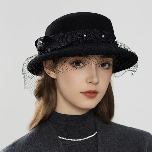 赫本风网纱羊毛呢渔夫帽