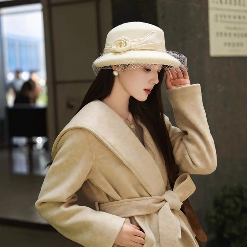 英伦风网纱花朵礼帽女赫本优雅澳洲羊毛呢渔夫帽子秋冬显脸小毡帽