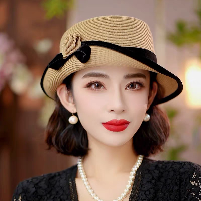 赫本风草帽夏季时尚百搭小香风遮阳帽海边度假太阳帽草编防晒帽女