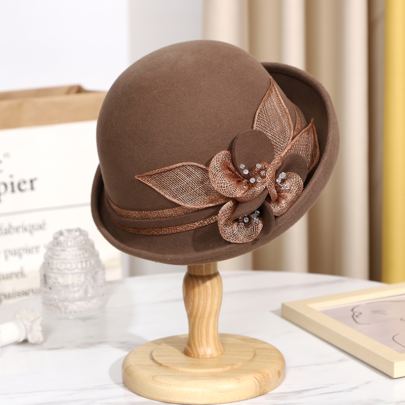 秋冬复古卷边手工菲律宾花朵羊毛呢圆顶礼帽毡帽女出游盆帽逛街