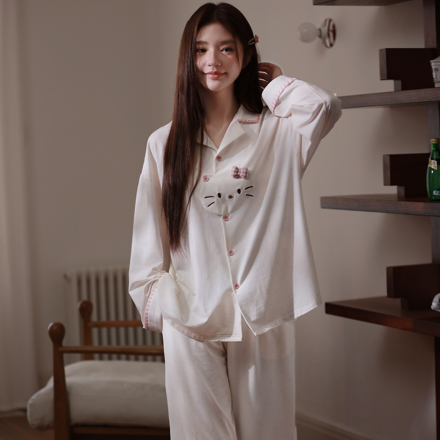 马克公主莫代尔春秋睡衣女可爱猫咪奶fufu波点长袖少女漂亮家居服