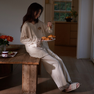 马克公主2026正流行豹纹纯棉睡衣女春秋V领开衫 外穿高级感家居服