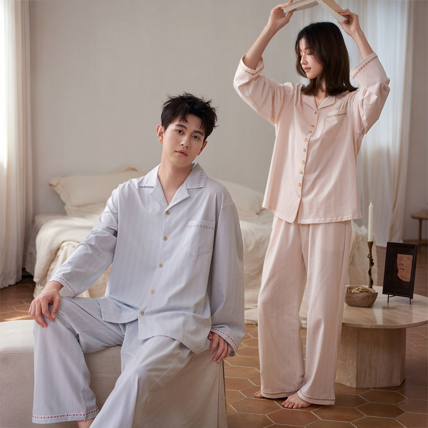马克公主情侣睡衣女春秋纯棉长袖简约纯色独特男士舒服松弛家居服