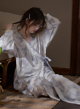 马克公主日式和风睡衣女春秋纯棉布料100全棉长袖紫色印花家居服
