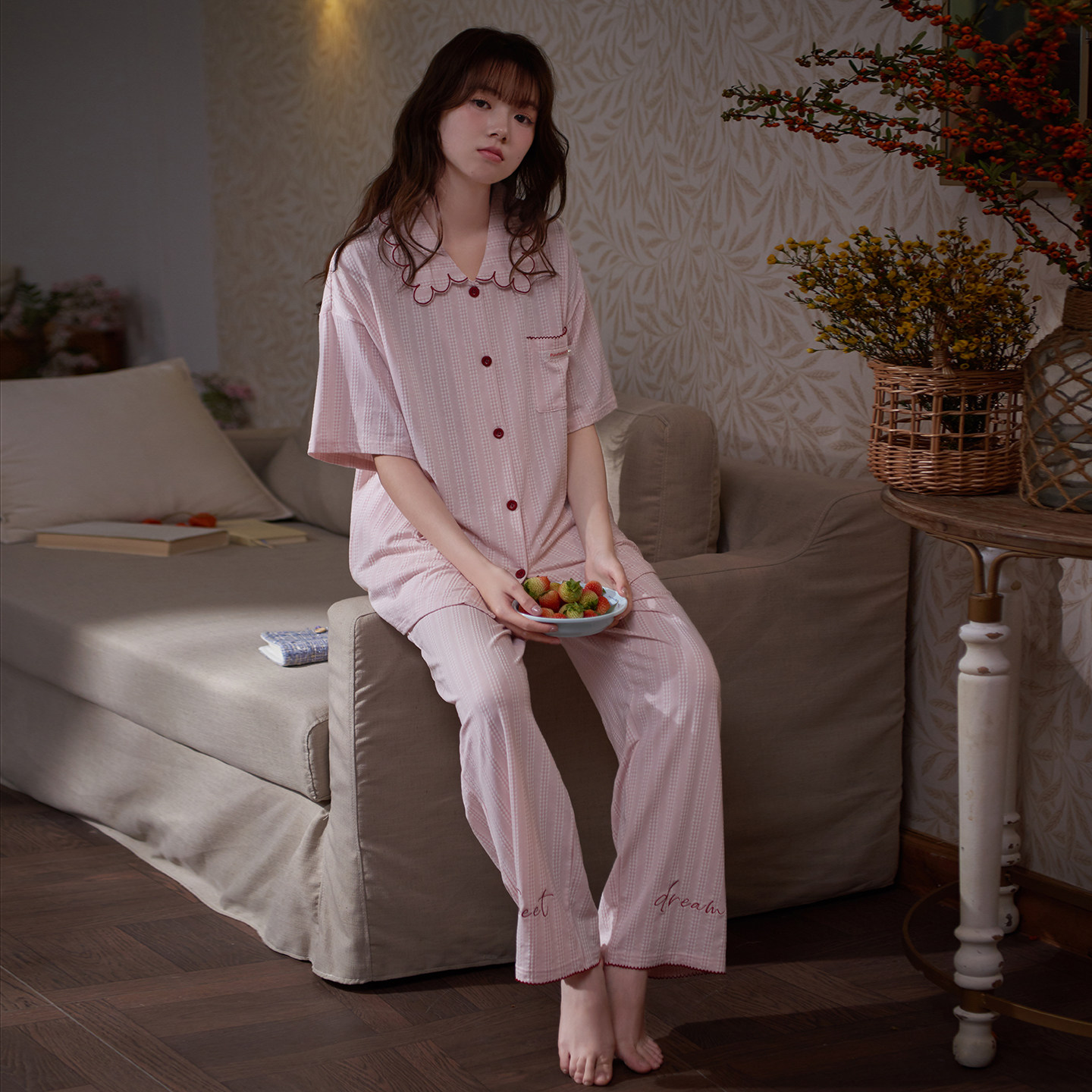 马克公主睡衣夏季女款短袖长裤粉色甜美少女风柔软凉感家居服套装