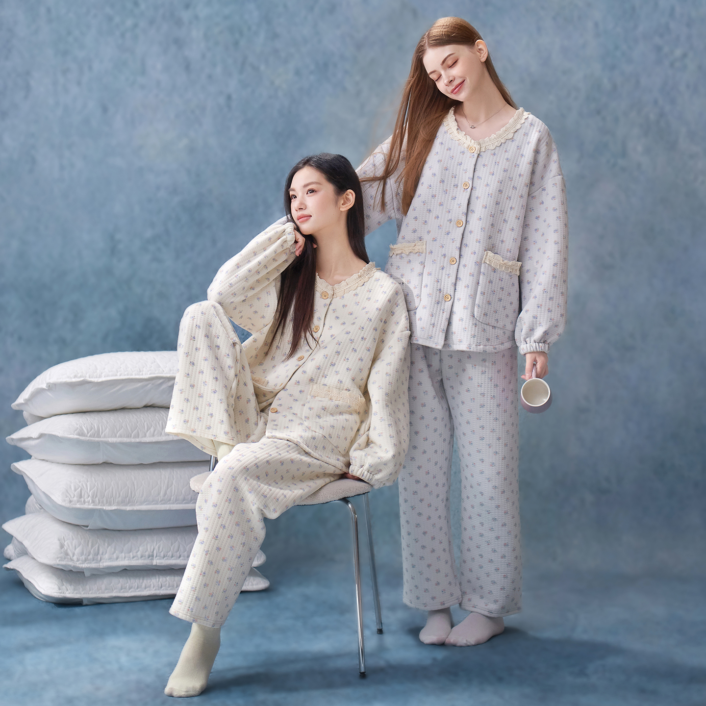 马克公主秋冬睡衣女加厚甜美花边小碎花空气棉夹层保暖家居服套装