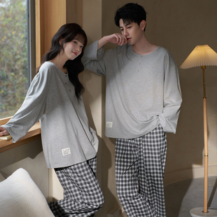 马克公主情侣睡衣纯棉长袖女春秋流行格子简单大码松弛感家居服男
