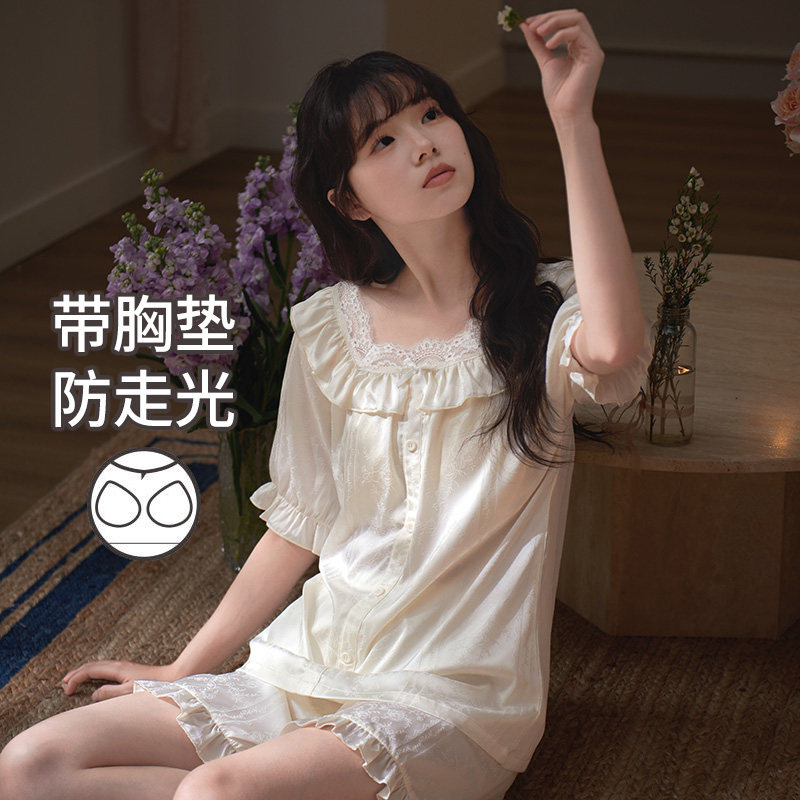 马克公主法式公主风睡衣女款夏可外穿冰丝短袖带胸垫家居服小个子