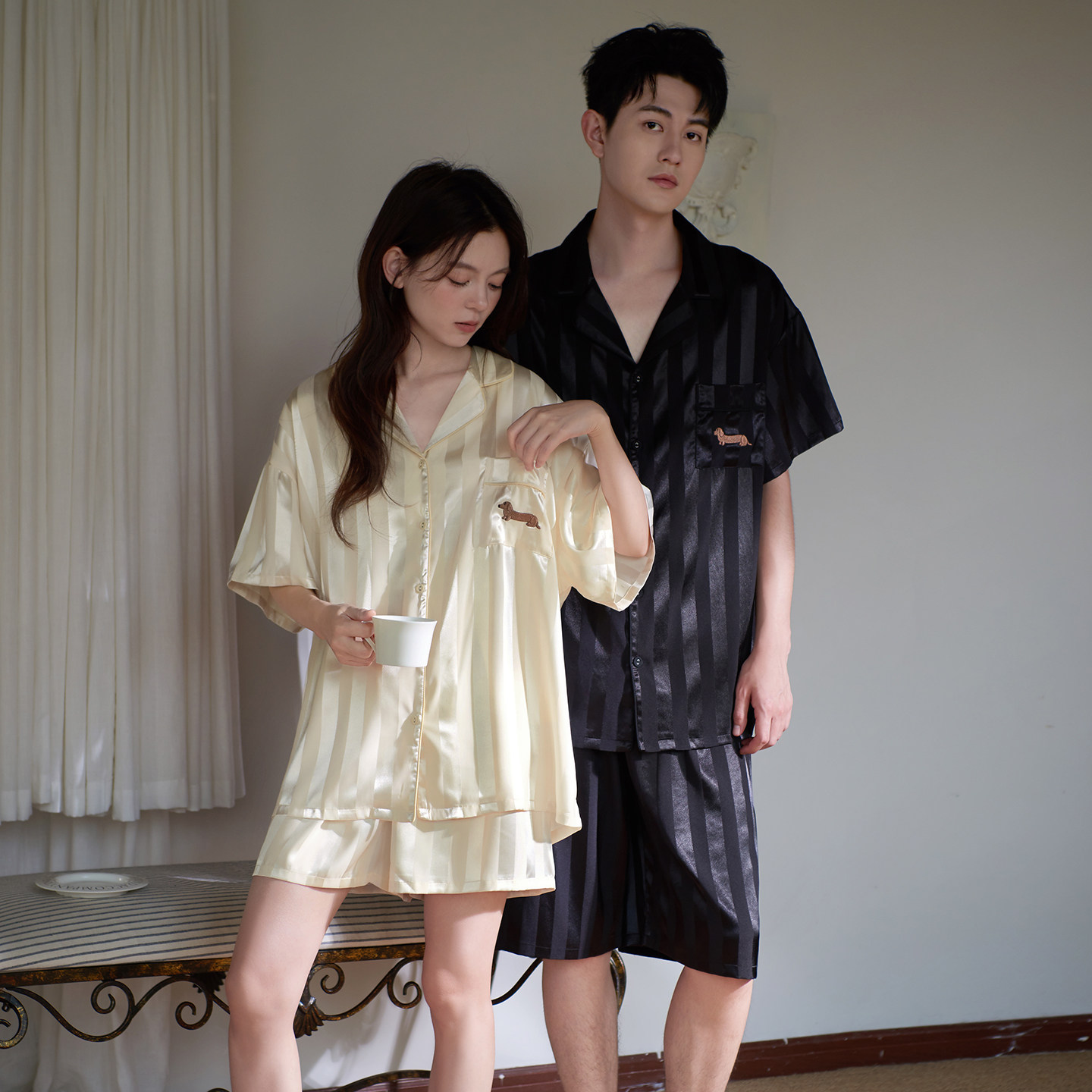 马克公主凉感冰丝情侣睡衣夏季女薄款高级卡通小狗青少年家居服男