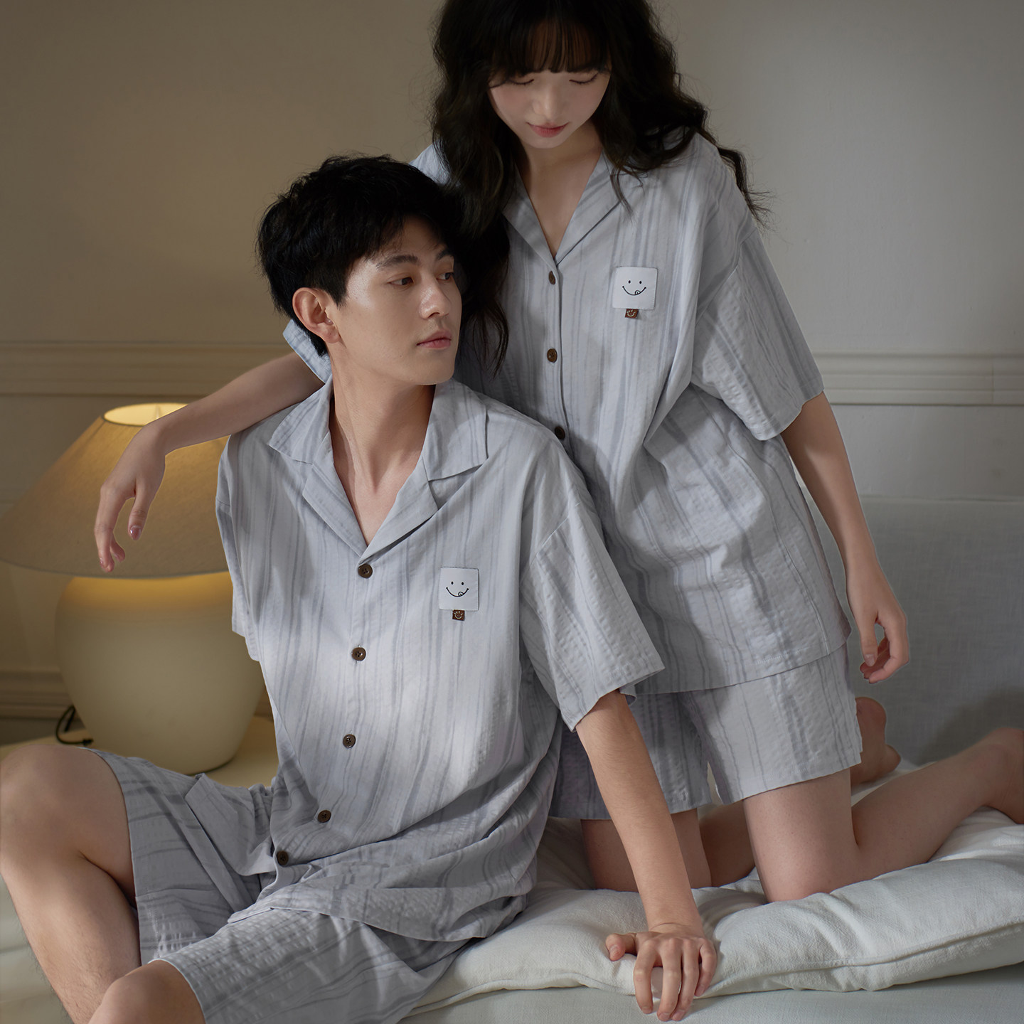马克公主睡衣情侣夏季条纹短袖短裤纯棉宽松慵懒家居服男女士套装