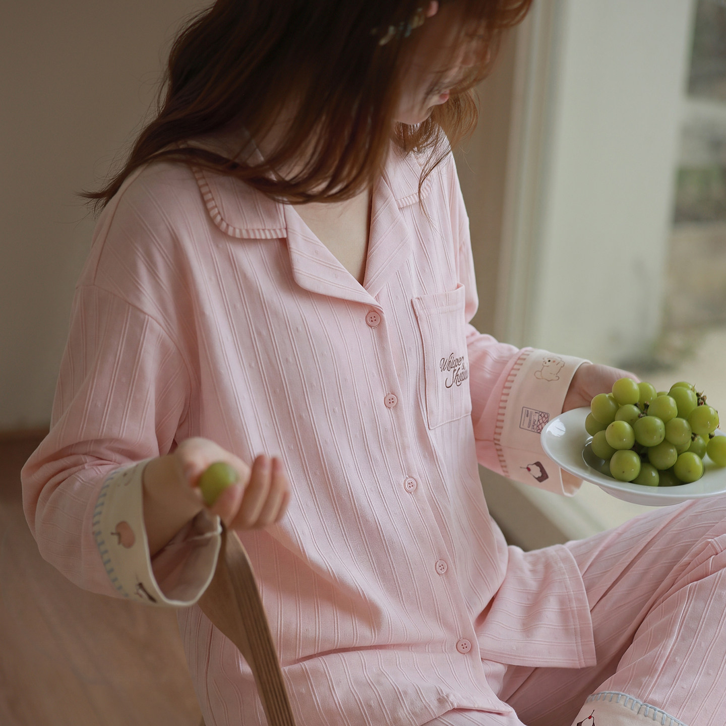 马克公主纯棉粉色长袖可爱睡衣女