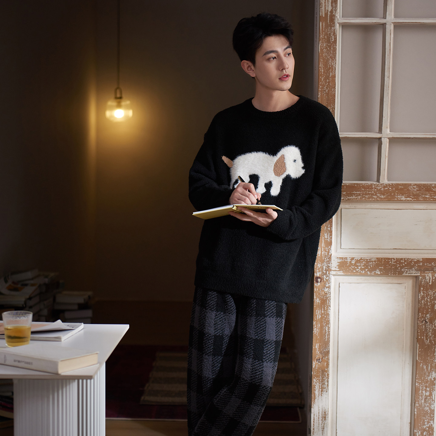 马克公主加厚半边绒睡衣男冬季可爱小狗格子毛绒保暖家居服可外出