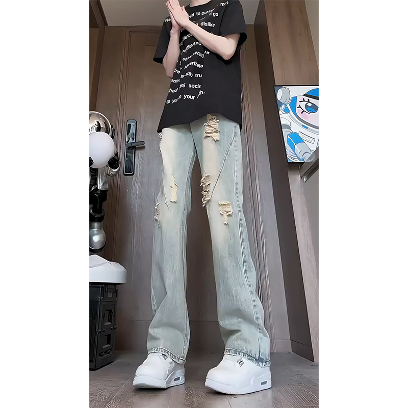 复古微喇破洞牛仔裤男夏季薄款直筒宽松美式高街vibe裤子潮牌长裤
