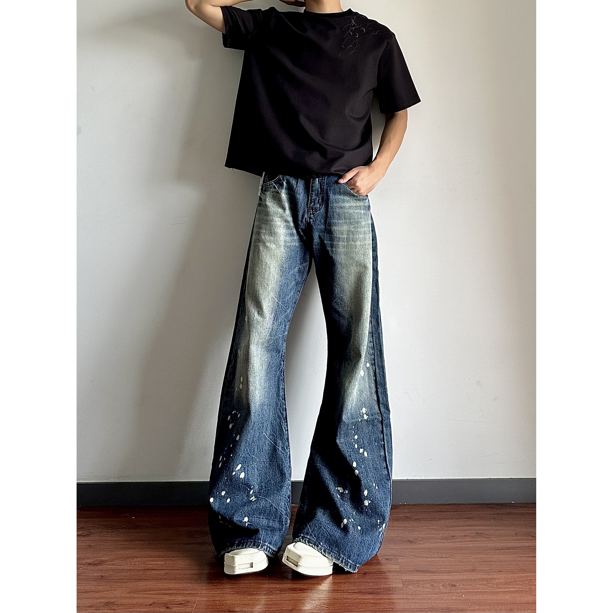 复古泼墨牛仔裤男款直筒宽松阔腿