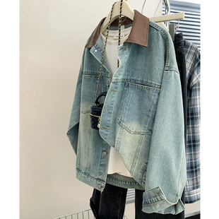 夹克上衣 街头宽松水洗工装 美式 复古pu皮翻领拼接牛仔外套男春秋款