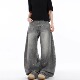 高街裤 灰色泼墨牛仔裤 男直筒宽松弯刀阔腿水洗复古美式 子潮流百搭
