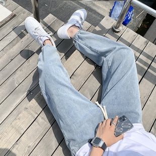 男夏季 子2022新款 薄款 裤 宽松ins潮牌束脚九分高街男士 浅色牛仔裤