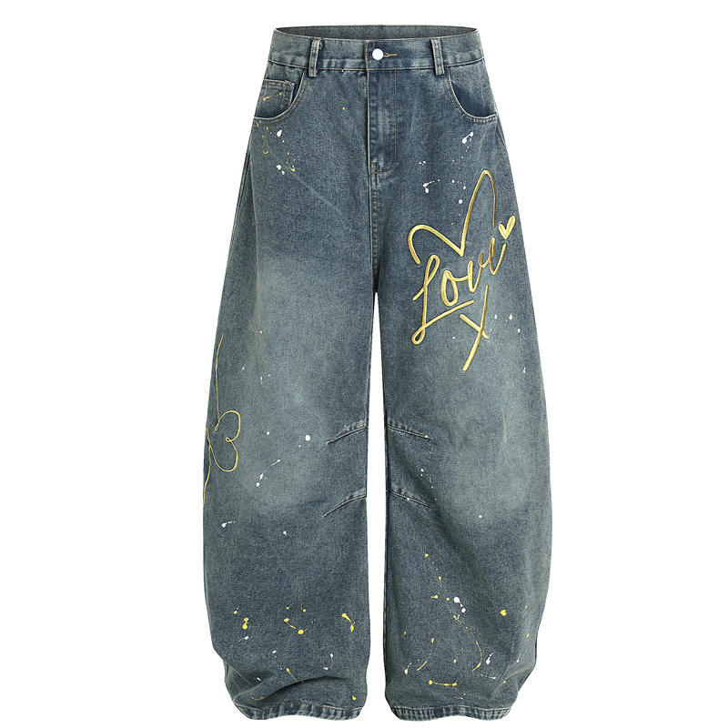 泼墨刺绣牛仔裤男款直筒宽松阔腿