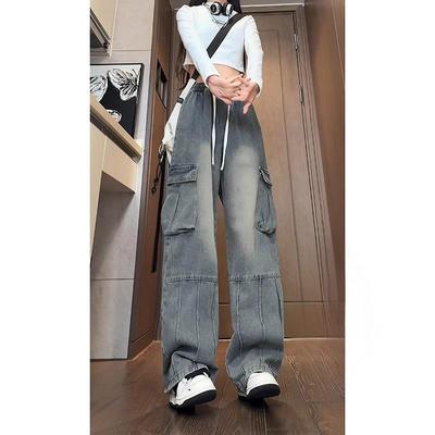潮标蒂口袋工装牛仔裤男直筒宽松