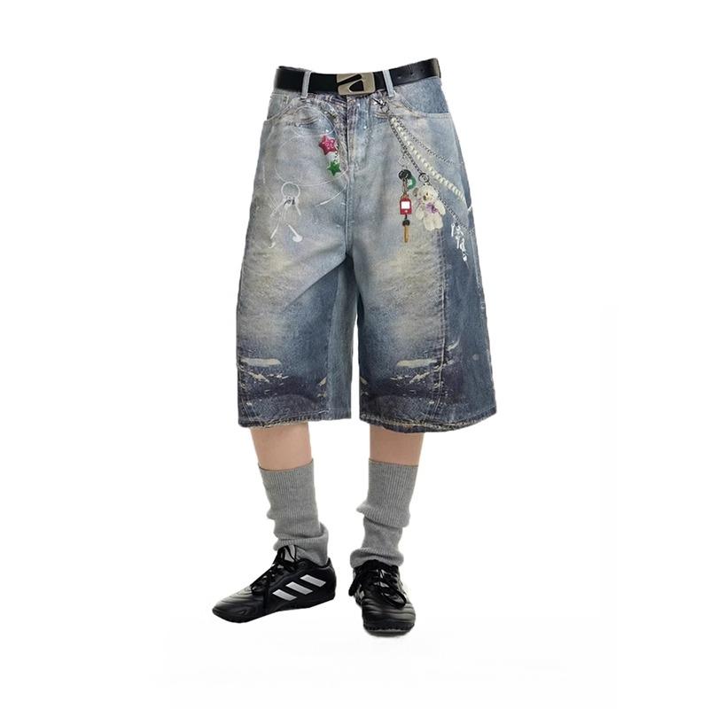潮标蒂3D打印挂饰七分牛仔短裤男