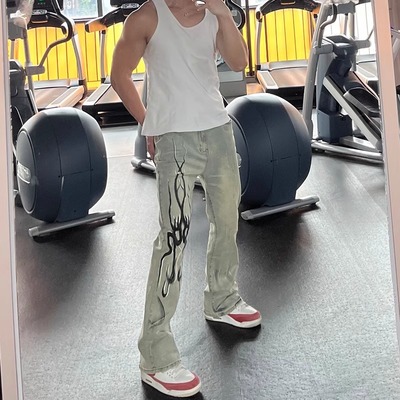 潮标蒂火焰残影微喇牛仔裤男直筒