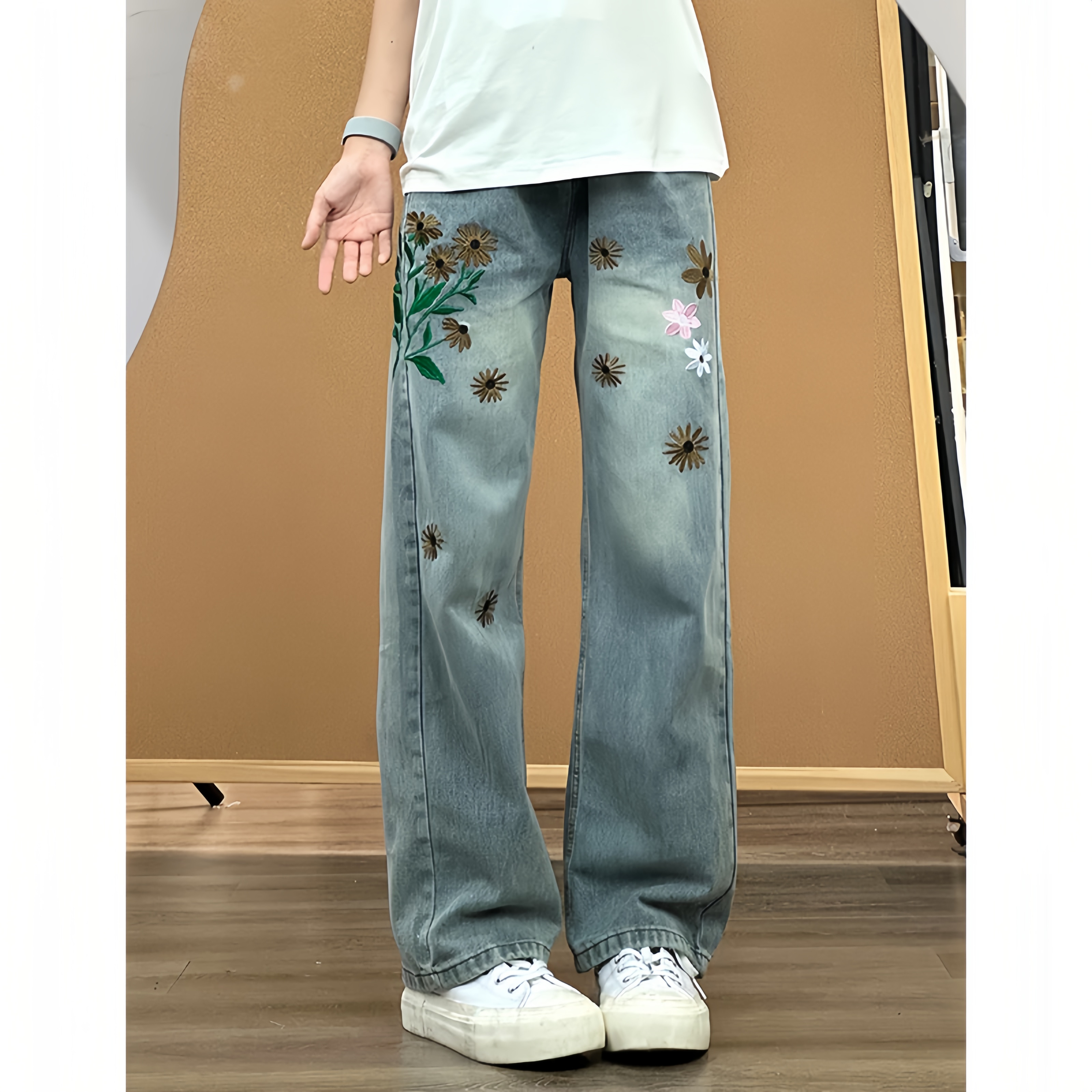 花卉刺绣牛仔裤男女直筒宽松美式高街裤子潮流百搭痞帅弯刀微喇裤