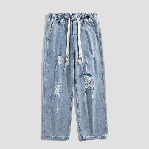 潮标蒂拉链长裤水洗四季破洞
