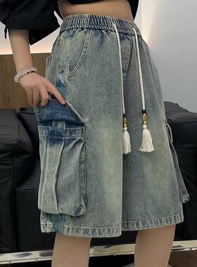 多口袋工装牛仔短裤男夏薄款宽松美式高街裤子潮流百搭痞帅五分裤