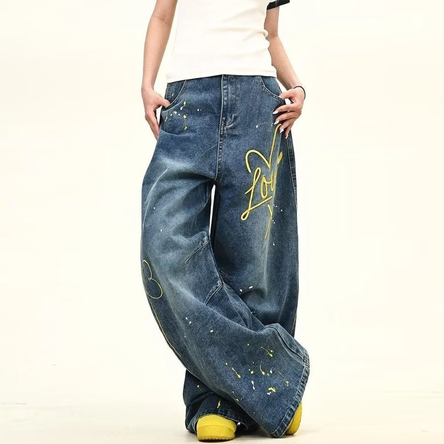 泼墨刺绣牛仔裤男春秋款直筒宽松