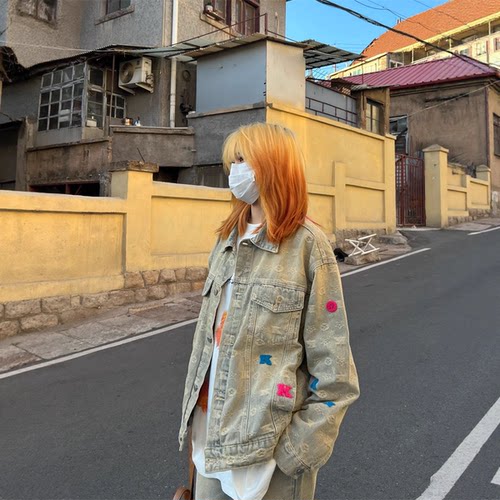 潮标蒂黄泥牛仔外套男女美式复古